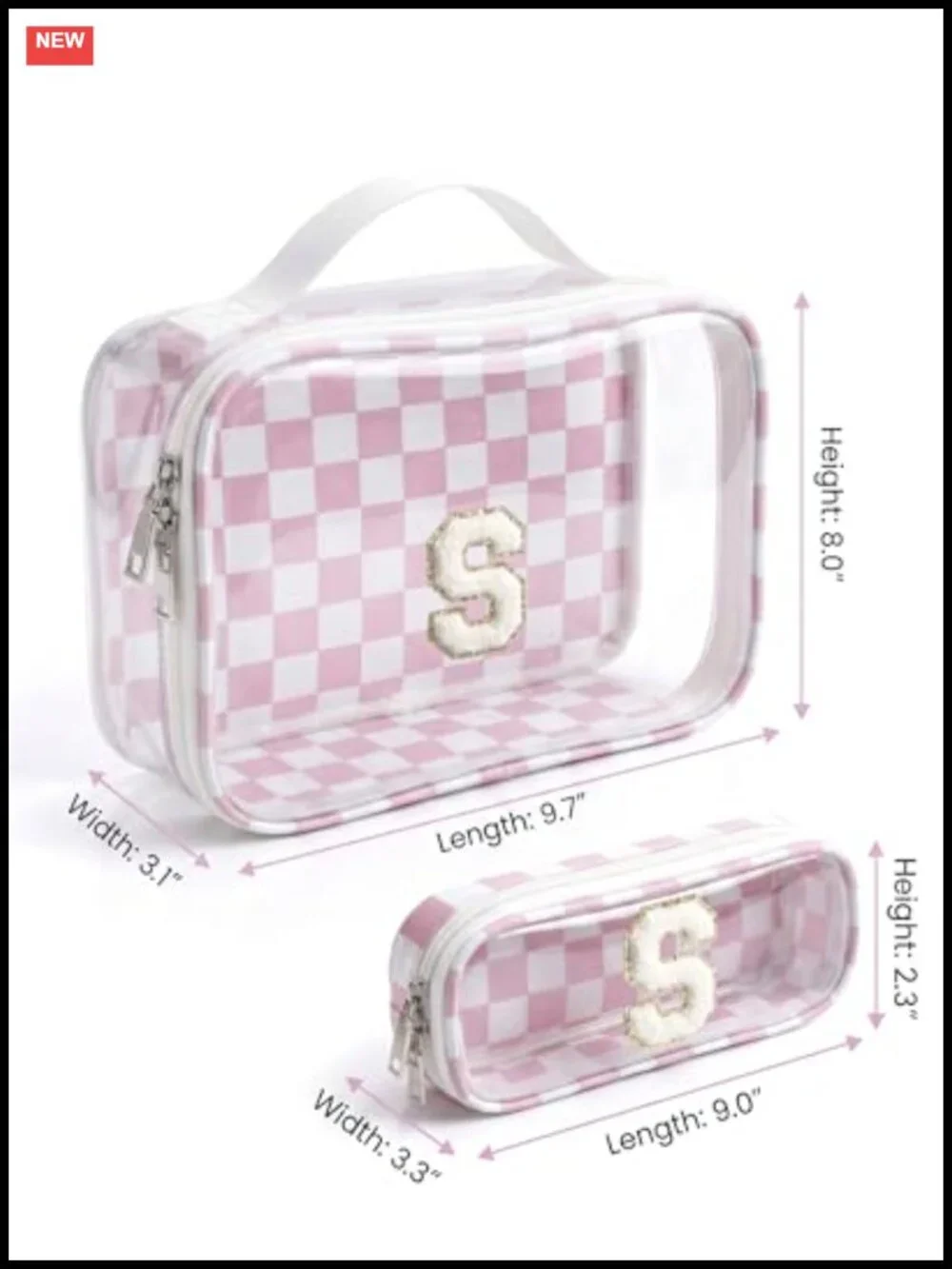 Personalized Initial Chenille Makeup Bag Set 2-Piece Clear PVC Travel Toiletry